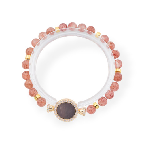 Stretch Bracelets Of Hard Stones With Pendant With Bronze Center With Golden Stones Strawberry Quartz