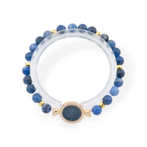 Bracelets extensibles en pierres semi-précieuses avec pendentif en bronze central avec pierres de sodalite dorées