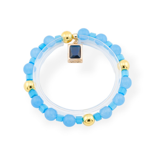 Stretch Bracelets Of Hard Stones With Pendant With CZ Crystals Rectangle Golden Blue