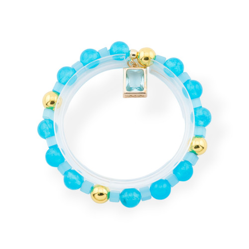 Bracelets extensibles en pierres semi-précieuses avec pendentif avec cristaux CZ rectangle doré bleu clair