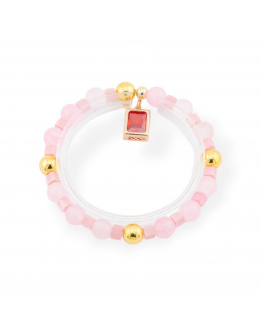 Bracciali Elasticizzato Di Pietre Dure Con Pendente Con Cristalli CZ Rettangolo Dorato Rosa-BRACCIALI DI PIETRE DURE | Worldofjewel.com