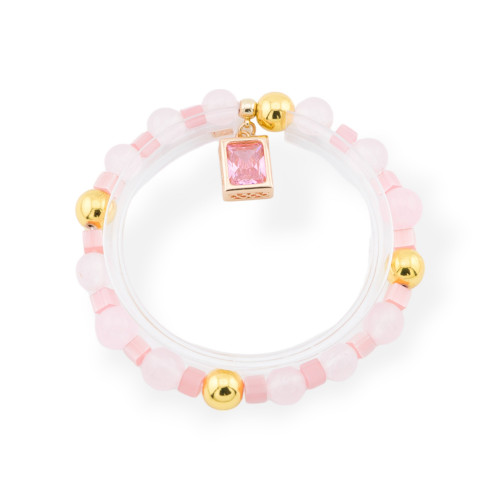 Bracelets extensibles en pierres semi-précieuses avec pendentif avec cristaux CZ rectangle rose clair doré