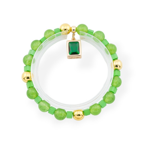 Stretch Bracelets Of Hard Stones With Pendant With CZ Crystals Rectangle Golden Green