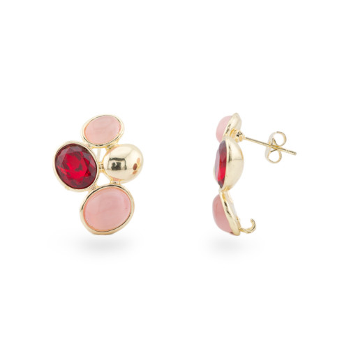 Boucles d'Oreilles Puces en Bronze avec Oeil de Chat et Cristaux CZ 19x26mm 1 Paire Doré Rose Rouge