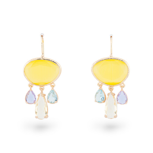 Boucles d'oreilles en bronze avec ensemble oeil de chat et gouttes de cristal CZ doré mélange jaune