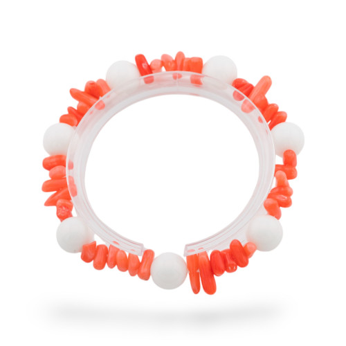 Bracelets Extensibles De Pierres Semi-précieuses Et Bambou Corail Orange Blanc