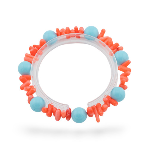 Elastic Bracelets Of Hard Stones And Coral Bamboo Orange Turquoise