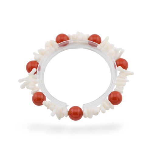 Elastic Bracelets Of Hard Stones And Coral Bamboo White Orange