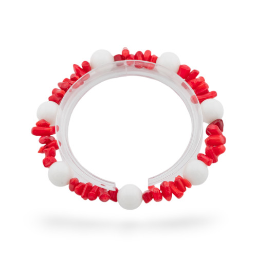 Elastic Bracelets Of Hard Stones And Coral Bamboo Red White