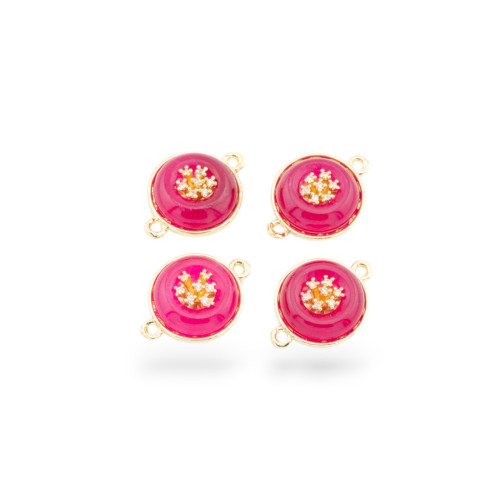 Brass Component Connector With Hard Stones And Zircons Round 14mm With 2 Jump Rings 6pcs Gold Fuchsia