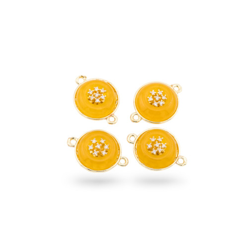 Conector de componente de latón con piedras semipreciosas y circonitas redondo de 14 mm con 2 anillos 6 piezas amarillo dorado