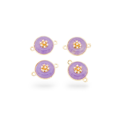 Connecteur de Composant en Laiton avec Pierres Semi-précieuses et Zircons Rond 14mm Avec 2 Anneaux 6pcs Lilas Doré