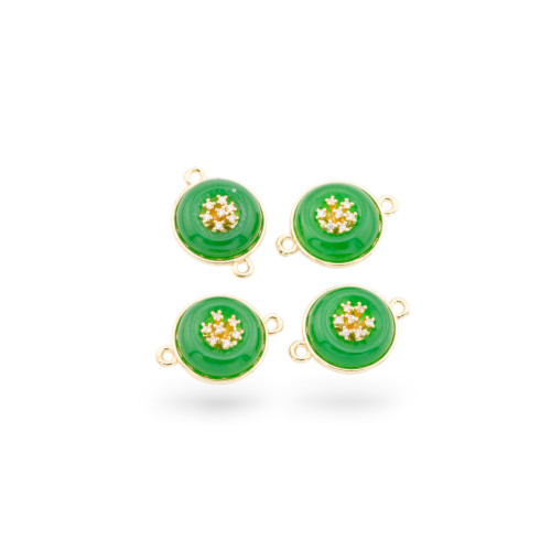 Conector de componente de latón con piedras semipreciosas y circonitas redondo de 14 mm con 2 anillos 6 piezas verde dorado