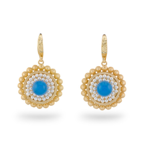 Boucles d'oreilles levier en bronze avec pierres et perles dorées bleues