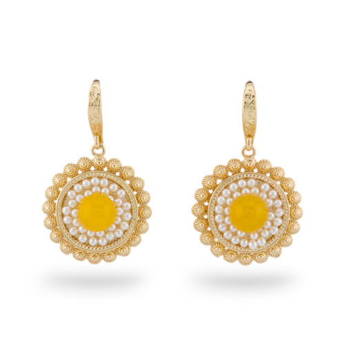 Boucles D'oreilles Crochet En Bronze Avec Pierres Et Perles En Or Jaune