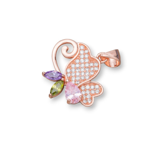 925 Silver Pendant Charm With Zircon Butterfly 19x23mm 3pcs Rose Gold