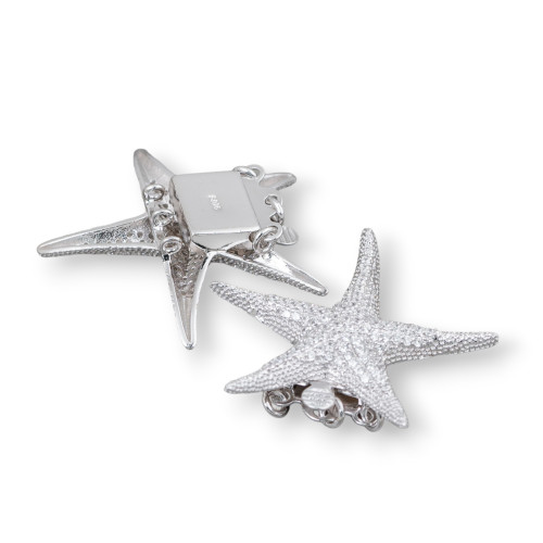 925 Silver Clasp With Zircons Micropave Multi-thread Starfish 30mm 1pc Rhodium Plated