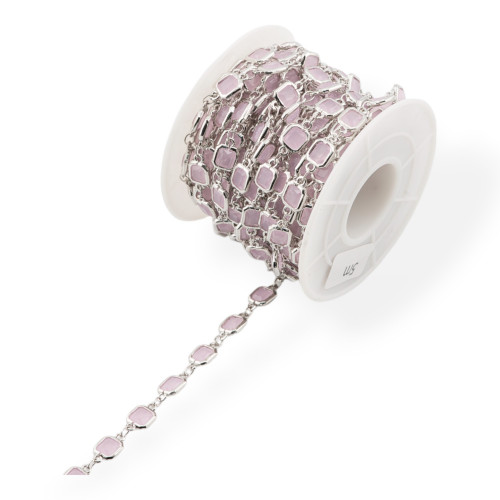 Chaîne Chapelet en Laiton avec Cabochon Carré Oeil de Chat 7mm 5 Mètres Plaqué Rhodium Rose