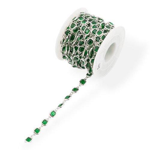 Chaîne Chapelet en Laiton avec Cabochon Carré Oeil de Chat 7mm 5 Mètres Rhodié Vert Émeraude