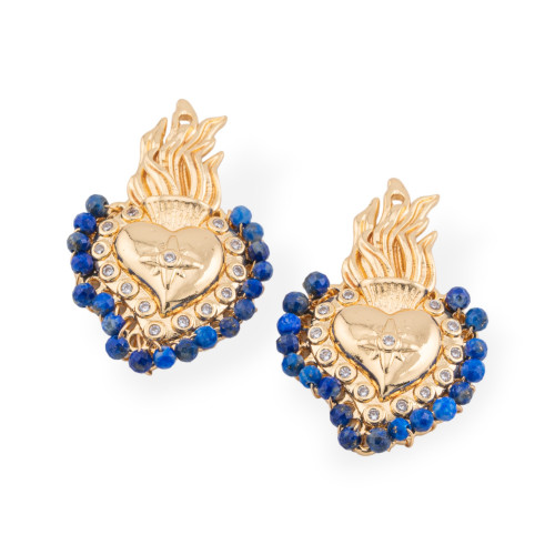 Multi-wire Bronze Central Component With Hard Stones And Zircons 18x30mm 4pcs Gold Lapis Lazuli