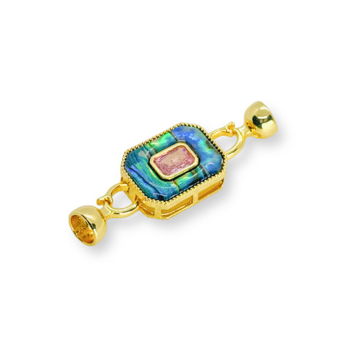 Bronze Snap Closure With Mother Of Pearl And Zircons 14x42mm 3pcs Gold