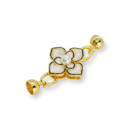 Enamelled Bronze Snap Clasp With Majorca Pearl Flower 21x44mm 4pcs