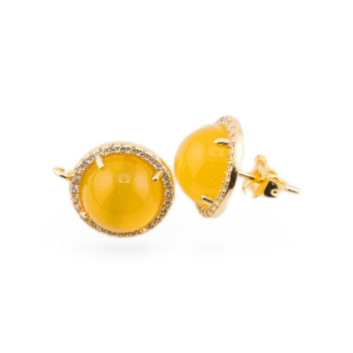 925 Silver Earring Base With Zircons Pin Bezel 13mm With Hard Stones 1 Pair Gold Yellow Agate