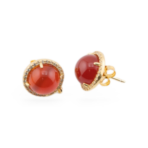 925 Silver Earring Base With Zirconia 13mm Bezel Pin With Gemstones 1 Pair Golden Carnelian