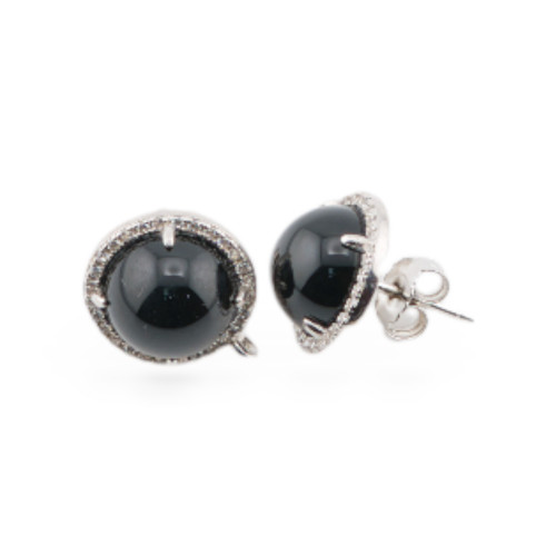 925 Silver Earring Base With Zirconia 13mm Bezel Pin With Gemstones 1 Pair Rhodium Plated Black Agate