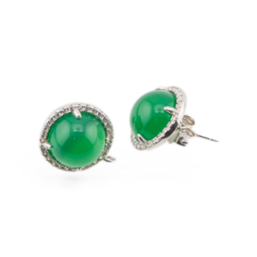 925 Silver Earring Base With Zirconia Pin 13mm Bezel With Gemstones 1 Pair Rhodium Plated Green Agate