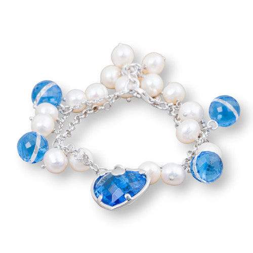 Bracciale Di Argento 925 Catena Con Perle Di Fiume E Zirconi Sfaccettati Blu Indaco 19cm+1,5cm Con Pendente Cuore