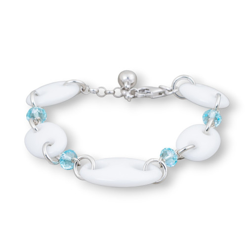 Bracciale Di Argento 925 Con Agata Bianca Maglia Marina E Zirconi Celeste 17cm + 2,5cm