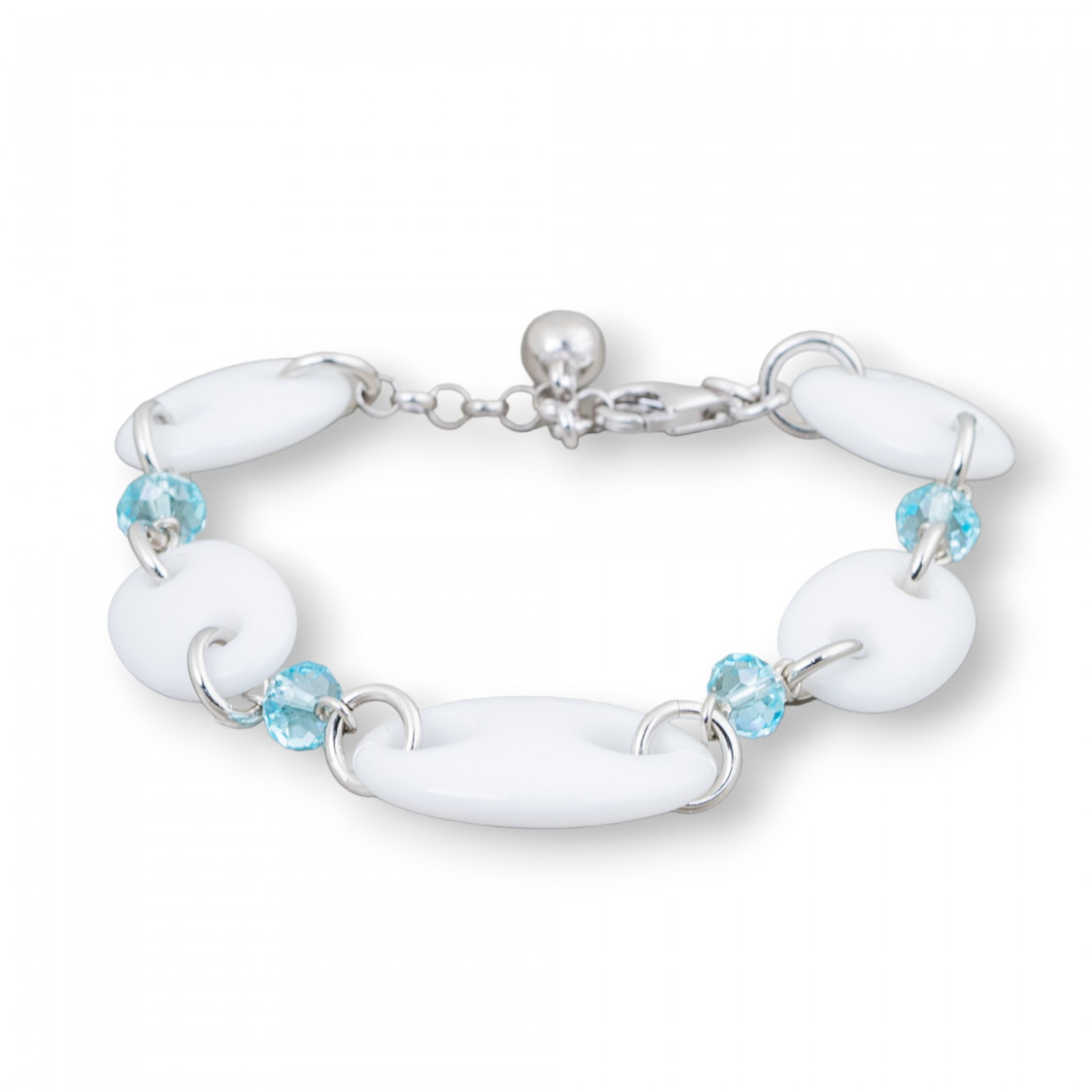 Bracciale Di Argento 925 Con Agata Bianca Maglia Marina E Zirconi Celeste 17cm + 2,5cm-BRACCIALI DI ARGENTO 925 | Worldofjewel.com