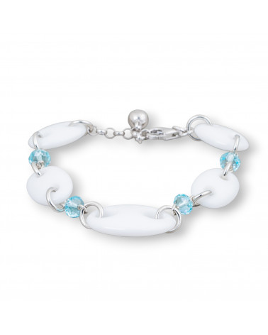 Bracciale Di Argento 925 Con Agata Bianca Maglia Marina E Zirconi Celeste 17cm + 2,5cm-BRACCIALI DI ARGENTO 925 | Worldofjewel.com