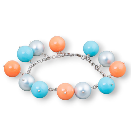 925 Silver Bracelet With Chain And Multicolor Mallorca Pearls Round Smooth Pendants 20.5cm