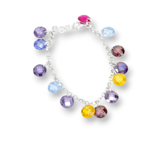 Bracciale Di Argento 925 Con Catena E Zirconi Pendenti Multicolor Sfaccettati 18,5cm + 2,5cm