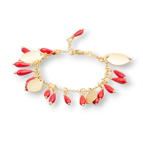 Pulsera De Plata 925 Con Gotas De Cadena De Coral De Bambú Bañadas En Oro Y Hojas De Satén 18cm + 3cm