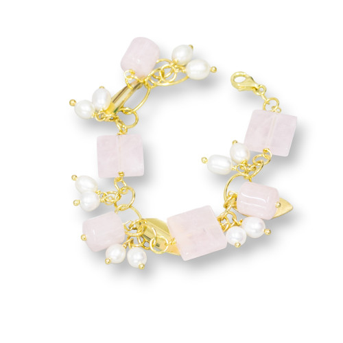 Bracciale Di Argento 925 Con Catena Placcato Oro Di Quarzo Rosa Forme E Perle Di Fiume Riso 18,5cm