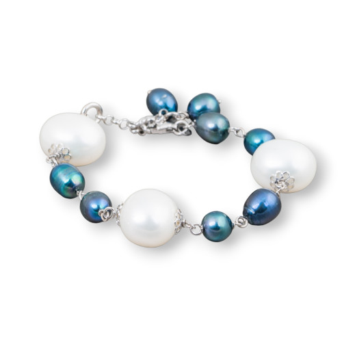 Ασημένιο βραχιόλι 925 με Peacock Rice Pearls και White Candy Pearls Mallorcan 18cm +3cm