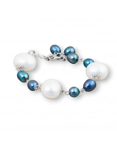 Bracciale Di Argento 925 Con Perle Di Fiume Riso Peacock E Perle Di Maiorca Caramella Bianco 18cm +3cm-BRACCIALI DI ARGENTO 925 | Worldofjewel.com