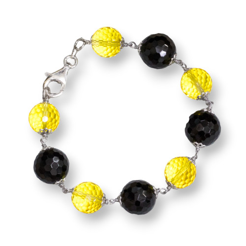 925 Silver Bracelet With Faceted Citrine And Onyx Zirconia Balls 21cm