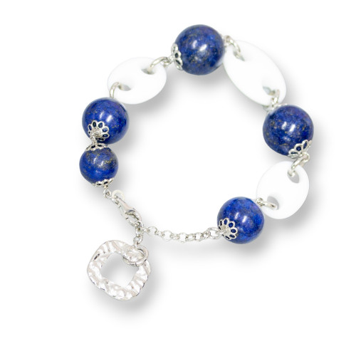 925 Silver Bracelet Of Lapis And White Agate With Cups 20.5cm + 5cm With Rhombus Pendant