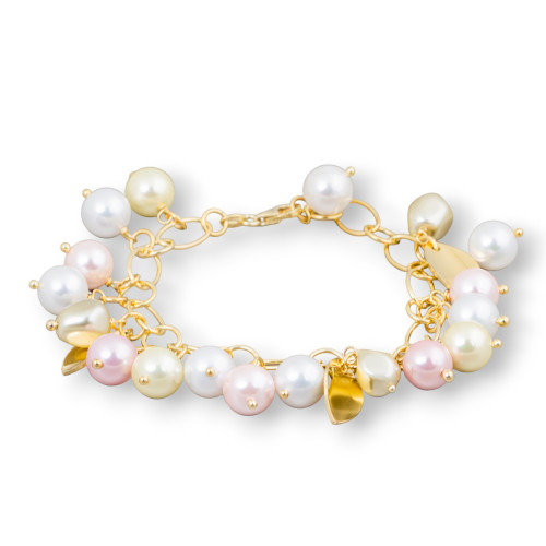 Bracciale Di Argento 925 Placcato Oro Con Catena E Foglie Satinate Di Perle Di Maiorca Rosa Bianco Giallo 20cm