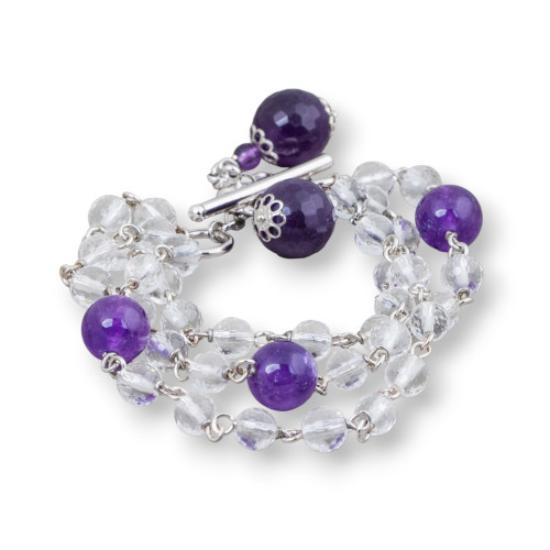 925 Silver Rosary Bracelet With Faceted Rock Crystal And Purple Jade With Clasp And Pendant