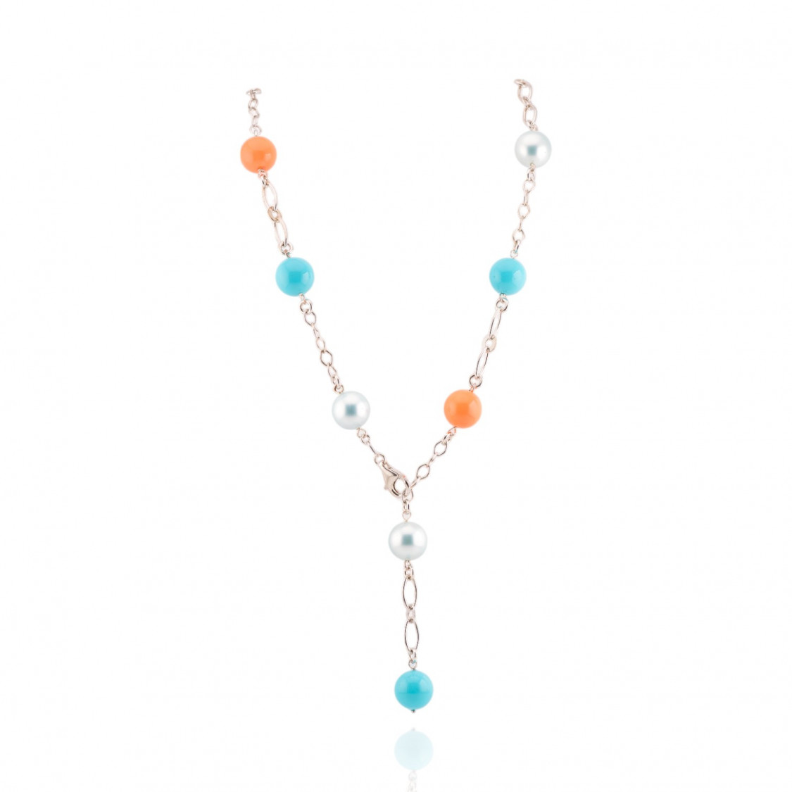 Collana Di Argento 925 Con Catena A Rombo E Perle Di Maiorca Multicolor Sfere Lisce 45,5cm + 12cm-COLLANE DI ARGENTO 925 | Worldofjewel.com