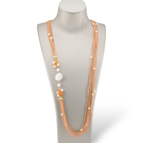 Bijoux Necklace With Hard Stones, 6 Strand Diamond Cut Zirconia, Baroque River Pearls 90cm Champagne