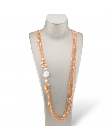 Collana Bijoux Con Pietre Dure, Zirconi Diamond Cut a 6 Fili, Perle Di Fiume Barocche 90cm Champagne-DESIGN ITALY | Worldofjewel.com