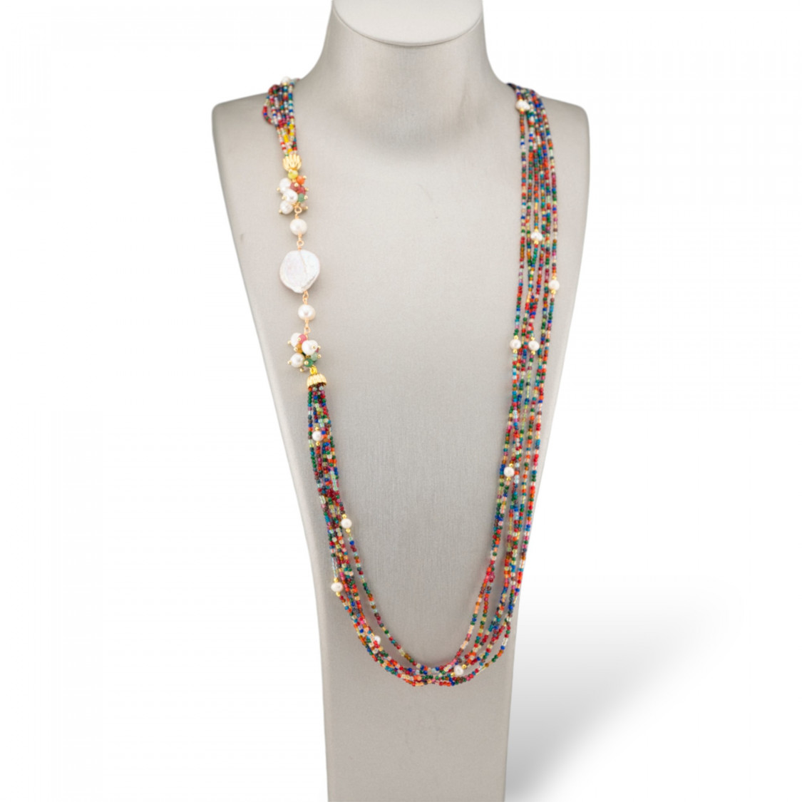 Collana Bijoux Con Pietre Dure, Zirconi Diamond Cut a 6 Fili, Perle Di Fiume Barocche 90cm Multicolor-DESIGN ITALY | Worldofjewel.com