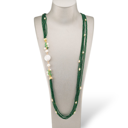 Collier Bijoux avec pierres semi-précieuses, 6 rangs de zircons taille diamant, perles de rivière baroques 90 cm vert émeraude