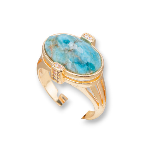 Bague en bronze avec pierres semi-précieuses et zircons sertie ovale 18x18mm taille réglable Apatite dorée